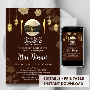 Convites Louça de Mesa Floral Dourada Jantar Iftar do Ramad