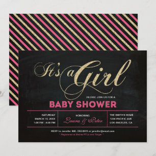 Convites Lousa, Dourado   Tipografia Baby Shower Menina
