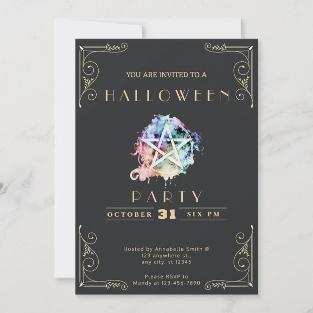 Convites Lousa Preta e Dourada Pentagrama Halloween (Frente)
