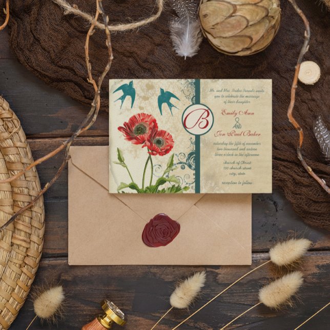 Convites Love Bird Red Teal Lace Damask Poppy Casamento (Criador carregado)