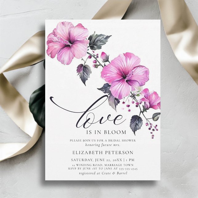 Convites Love Bloom Bold Hibiscus Tropical Chá de panela (love is in bloom bridal shower invitation tropical pink bold hibiscus flowers floral elegant chic)