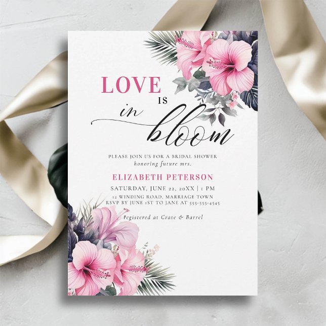 Convites Love Bloom Hibiscus Tropical Pink Chá de panela (love is in bloom bridal shower invitation tropical pink hibiscus flowers floral frame elegant chic)