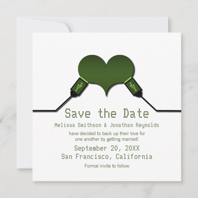 Convites Love Connection USB Save the Date Invite, Green (Frente)