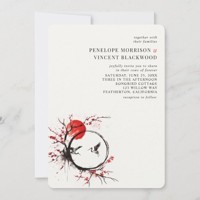 Convites Love Cranes and Cherry Blossom Wedding Invitation (Frente)
