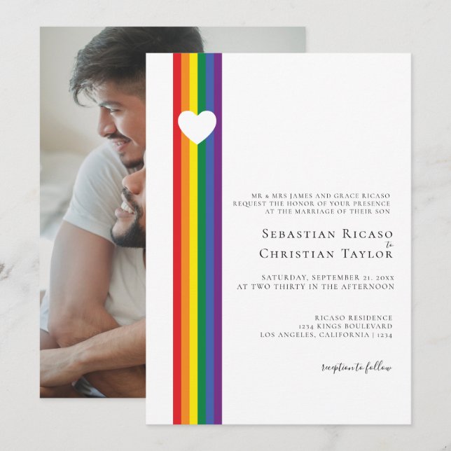 Convites Love Heart and Rainbow Gay Wedding (Frente/Verso)