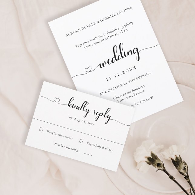Convites Love Heart Modern Black and White Weding RSVP (Criador carregado)