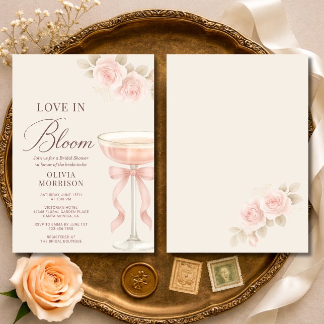Convites Love in Bloom Pink Champagne Bow Bridal Shower (Criador carregado)