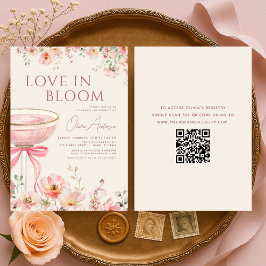 Convites Love in Bloom QR Code Champagne Bow Bridal Shower