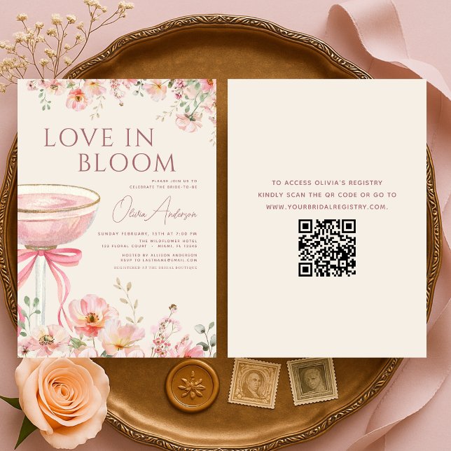 Convites Love in Bloom QR Code Champagne Bow Bridal Shower (Criador carregado)