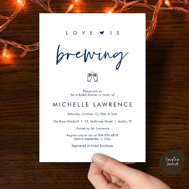 Convites Love is brewing, Beer Party,  Bridal Shower (Love is brewing, Beer Party, Bridal Shower Invites card, booze love laughter, in navy blue)