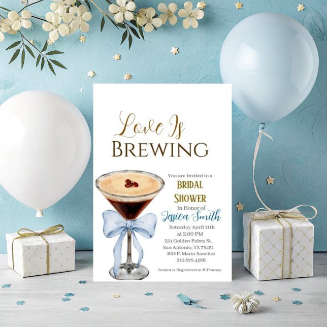 Convites Love is Brewing Blue Bridal Shower Invitation  (Love is Brewing bridal shower invitation. )