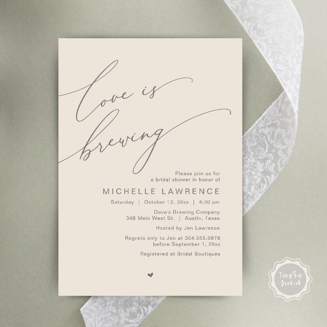 Convites Love is Brewing, Bridal Shower Party Celebration (Love is Brewing, Bridal Shower Party Beer Wine Tasting Romantic Invites Card Charm Cream Grey)