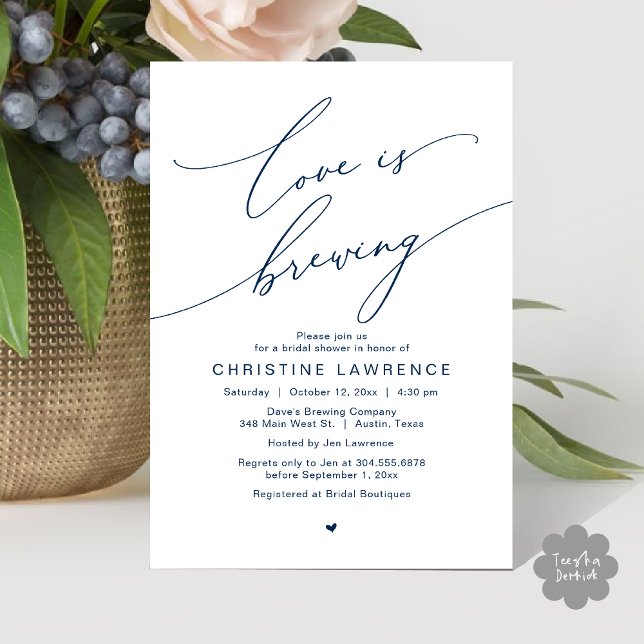 Convites Love is Brewing, Bridal Shower Party Celebration (Love is Brewing, Bridal Shower Party Beer Wine Tasting Romantic Invites Card Charm Navy Blue)