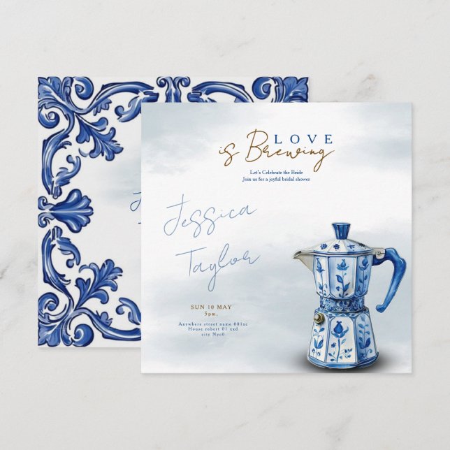 Convites Love is Brewing Chinoiserie blue Bridal Shower Inv (Frente/Verso)