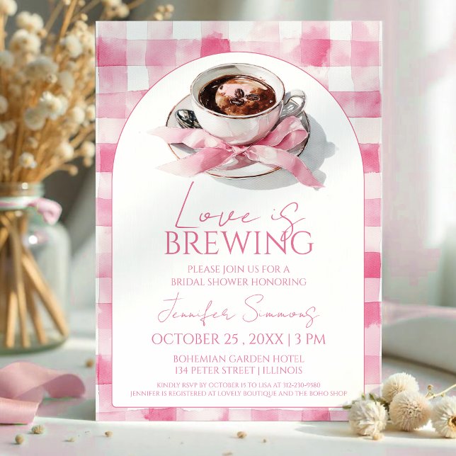 Convites Love Is Brewing Coffee Pink Bow Bridal Shower (Criador carregado)