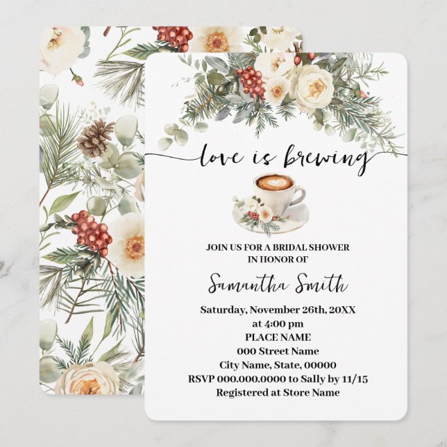 Convites Love is Brewing Winter Bridal Shower Coffee (Frente/Verso)