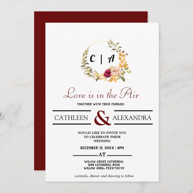 Convites Love IS IN AIR Romantic Script with elegant floral (Frente/Verso)