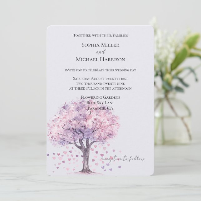 Convites Love is in the air Lavender Hearts Tree Wedding (Em pé/Frente)