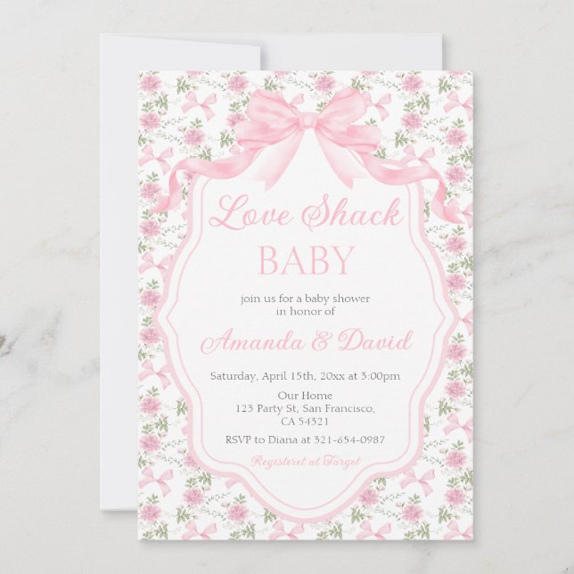 Convites  Love Shack Baby Pink Bow Baby Shower Girl (Frente)