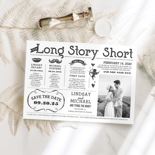 Convites Love Story Timeline Fun Salve a Foto da Data (Long Story Short Infographic Fun Save The Date Photo Card)