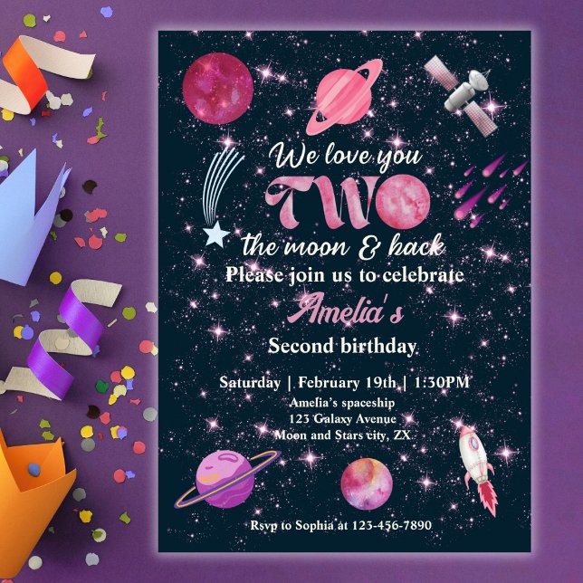 Convites Love You Two The Moon Girls Pink 2nd Birthday (Criador carregado)