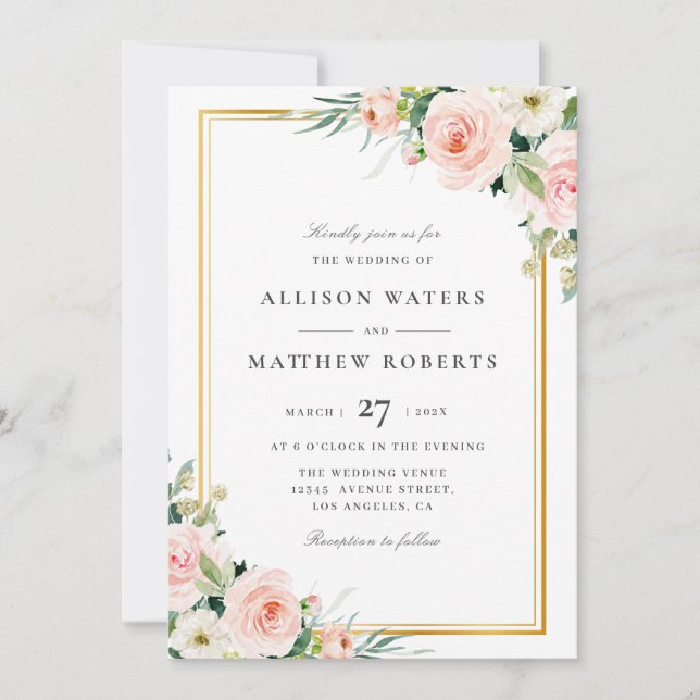 Convites lovely blush floral frame wedding invitation (Frente)