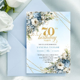 Convites Lovely bohemian blue florals gold frame 70th bday
