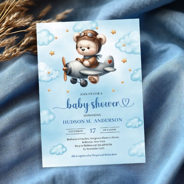 Convites Lovely Boy Shower Invitation Teddy Bear Pilot Blue (Lovely Boy Shower Invitation Teddy Bear Pilot Blue Brown

)
