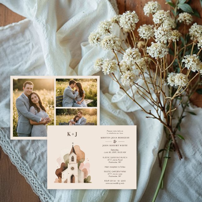 Convites Lovely Church Watercolor 3-Photo Collage Wedding  (Lovely Church Digital Watercolor 3-Photo Collage Wedding Save the Date Cards.)