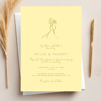 Convites Lovely Couple Drawn Script Butter Yellow Wedding