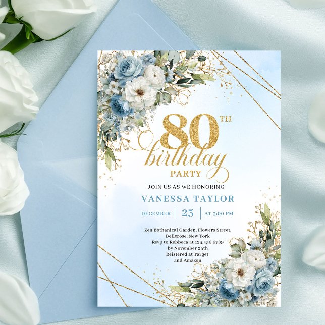 Convites Lovely Dusty Blue Floral Gold 80th Birthday Invite (Lovely Dusty Blue Floral Gold 80th Birthday Invite Plus

)
