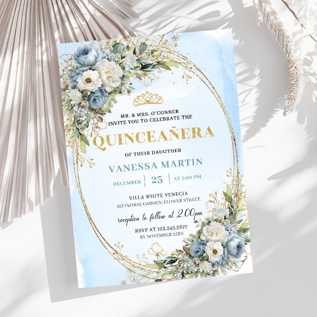 Convites Lovely Dusty Blue Gold Greenery Quinceañera Invite (Lovely Dusty Blue Gold Greenery Quinceañera Invite

)