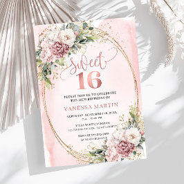 Convites Lovely Dusty Pink Floral Greenery Sweet Sixteen 
