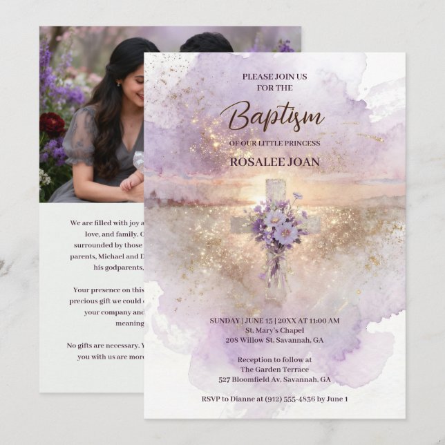 Convites Lovely Lilac Christian Wildflowers Cross-Shape (Frente/Verso)