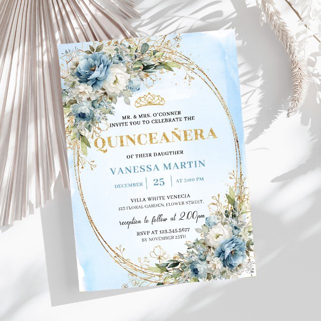 Convites Lovely Pastel Blue Gold Eucalyptus Quinceañera  (Lovely Pastel Blue Gold Eucalyptus Quinceañera Invite

)