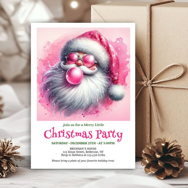 Convites Lovely pink santa bubble gum watercolor Christmas (Lovely pink santa bubble gum watercolor Xmas invite)