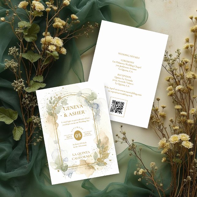 Convites Lovely Spring Green & Beige Floral Arch Wedding (Lovely Spring Green & Beige Floral Arch Glitter Effect Wedding Invitation with Back QR Code.)