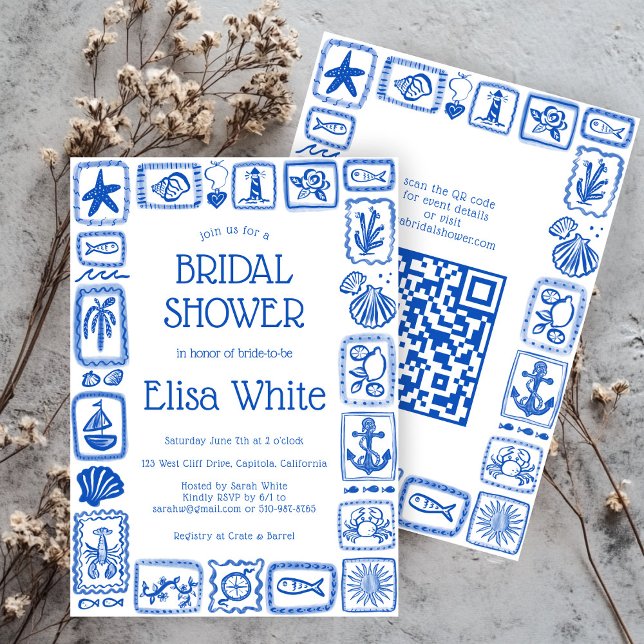 Convites LoveNotes do Chá de panela de QR PERSONALIZADO do  (LoveNotes from the Sea Modern CUSTOM QR Beachy Summer Bridal Shower Invitation
)