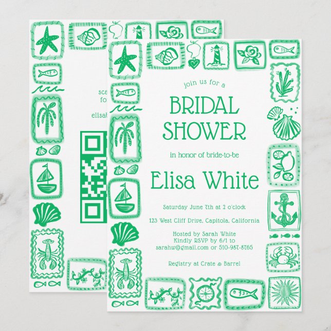 Convites LoveNotes do Chá de panela do Mar Moderno QR PERSO (Frente/Verso)