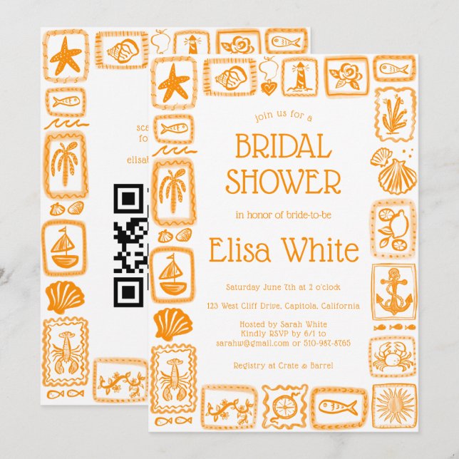 Convites LoveNotes do Chá de panela do Mar Moderno QR PERSO (Frente/Verso)