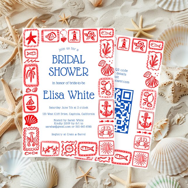 Convites LoveNotes do Chá de panela do Mar Moderno QR PERSO (LoveNotes from Sea Bridal Shower Modern CUSTOM QR Invitation
)