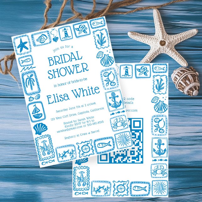 Convites LoveNotes do Chá de panela do Mar Moderno QR PERSO (LoveNotes from Sea  Modern Preppy Beach CUSTOM QR Code Bridal Shower Invitation
)