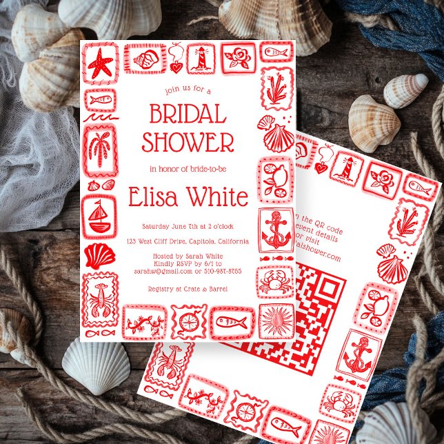 Convites LoveNotes do Chá de panela do Mar Moderno QR PERSO (LoveNotes from Sea Bridal Shower Modern red hand drawn CUSTOM QR Code Party Invitation
)