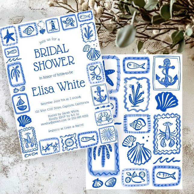 Convites LoveNotes do Chá de panela PERSONALIZADO moderno d (LoveNotes from the Sea Modern CUSTOM Beach Summer Hand drawn Bridal Shower Invitation
)