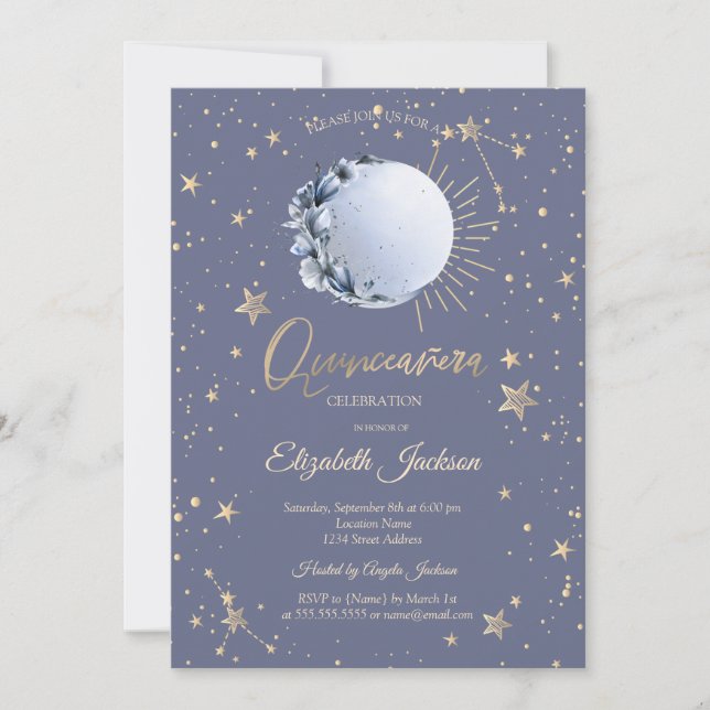 Convites Lua Azul, Flor de Estrelas Quinceanera Pastel (Frente)