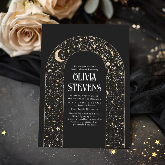 Convites Lua Celestial e Estrelas Chá de panela Negro (Celestial Black Bridal Shower Invitations)