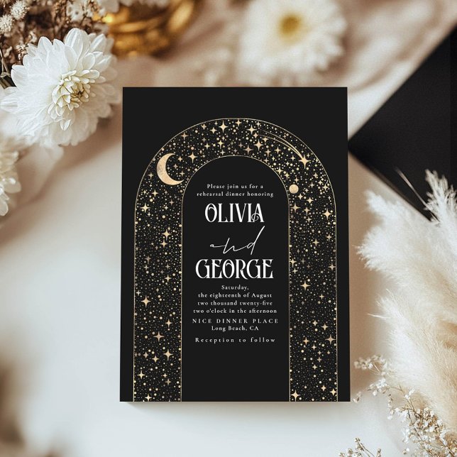 Convites Lua Celestial e Estrelas Janto de Ensaio Negro (Celestial Stars Arch Black and Gold Rehearsal Dinner Invitations)