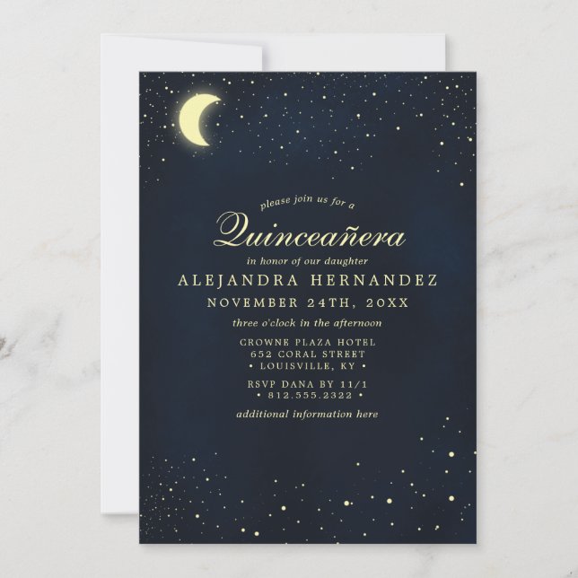 Convites Lua Celestial Stars Midnight Blue Quinceañera (Frente)