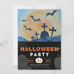 Convites Lua cheia, morcegos e cemitério Black Halloween
