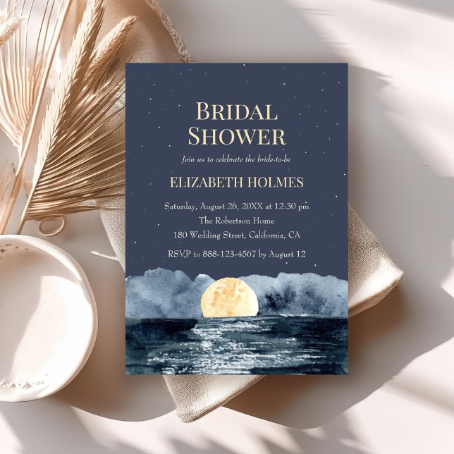 Convites Lua cheia no Chá de panela lago (Full Moon on Lake Bridal Shower Invitation on a boho table.)